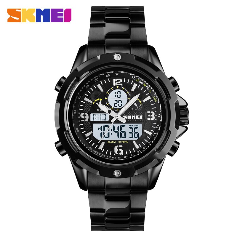 Skmei Heren Horloges Quartz Sport Horloge Luxe Stalen Band Stopwatch Chrongraph Digitale Horloge 2Time Horloge Mannen Outdoor Klok: black white