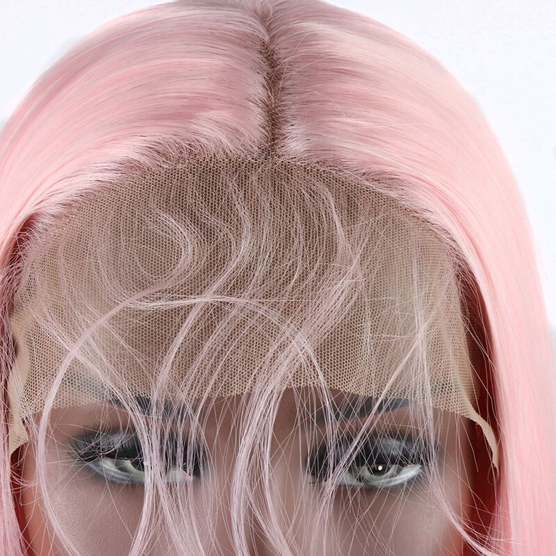 Bombshell Short Straight Bob Pink Synthetic Hair Lace Front Wigs Heat Resistant Fiber With Baby Hair Middle Parting For Women
