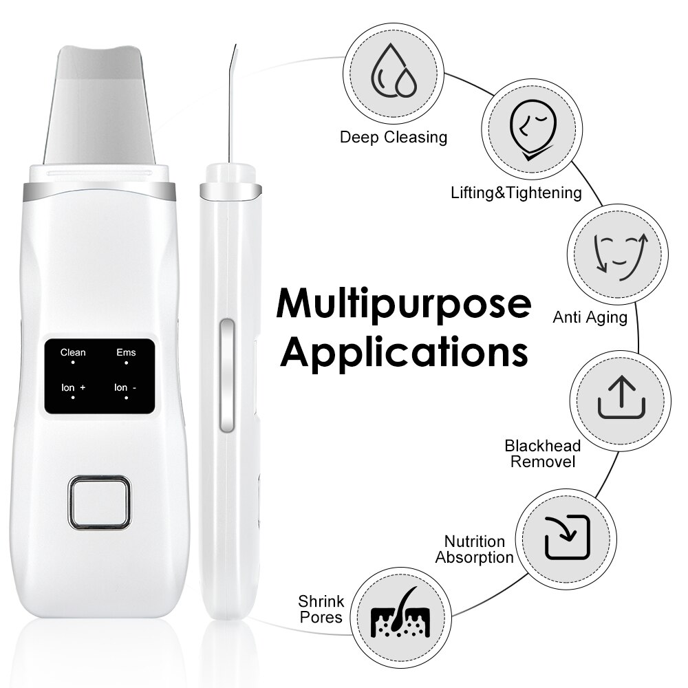 White Ultrasonic Red Blue Light Therapy Skin Scrubber Acne Blackhead Removal Cleanser Facial Care Face Cleaning Shovel Peeling