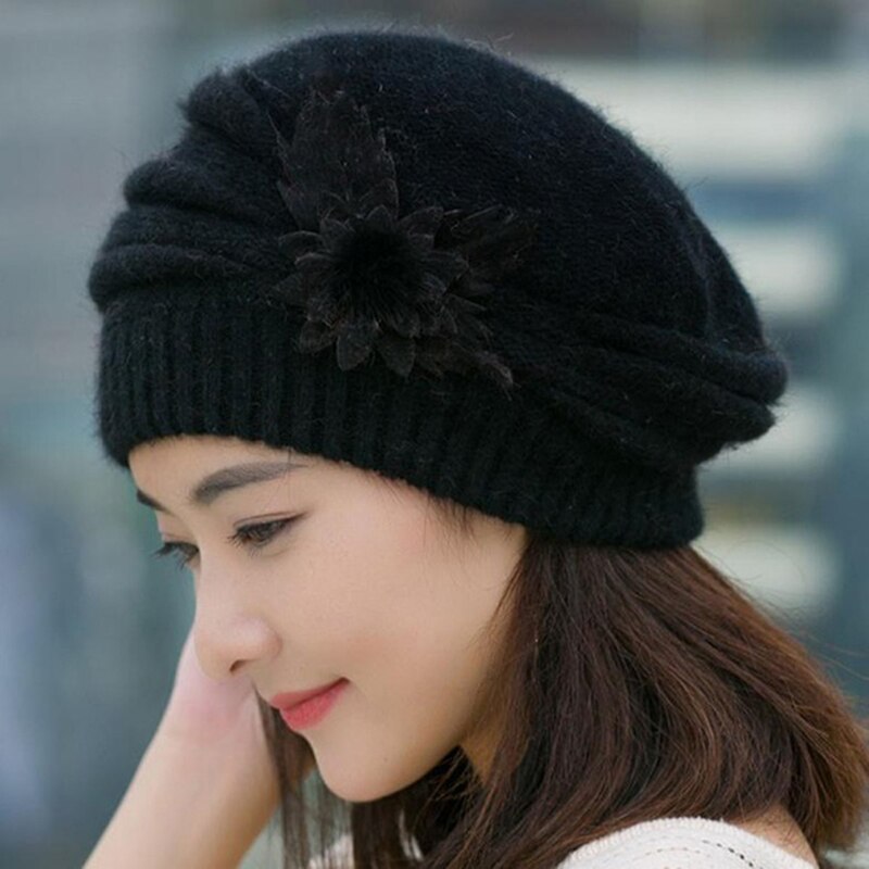 Gorros de esquí y senderismo para mujer, gorros tejidos para niña, gorros para escalada de montaña, gorros de lana de piel, gorros de flores