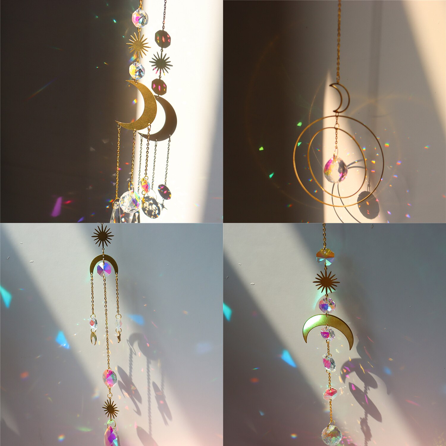 01-12 Suncatcher Crystal Rainbow Wind Chime Pendant Moon Hanging Ornament Crystal&amp;Copper Window Decor Home Garden Patio Decor
