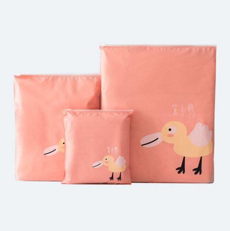Cute 3pcs Separate Bags Travel Bundle Pocket Set Waterproof Drawstring Clothing Collection PEVA Cartoon Shoes Underwear Org: Pink