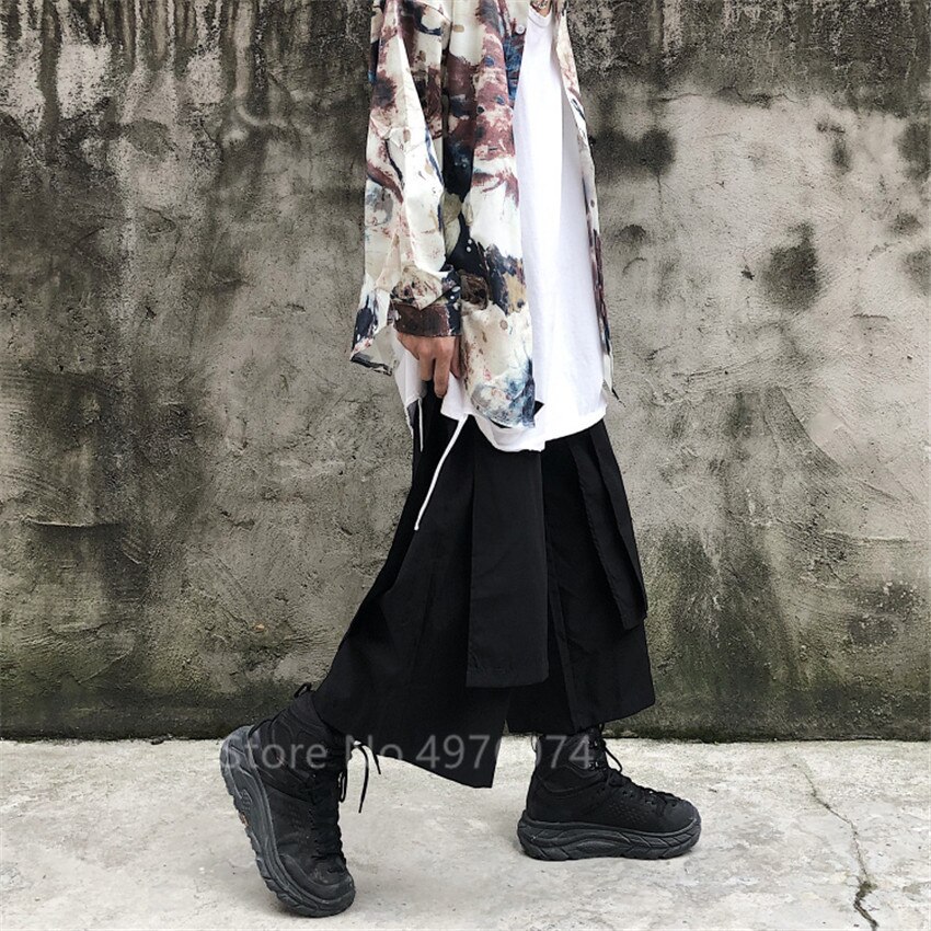Pantalones de pierna ancha de estilo japonés para hombre, Pantalón recto Irregular, Harajuku, negro, ropa de samurái, Unisex, estilo Hip Hop urbano