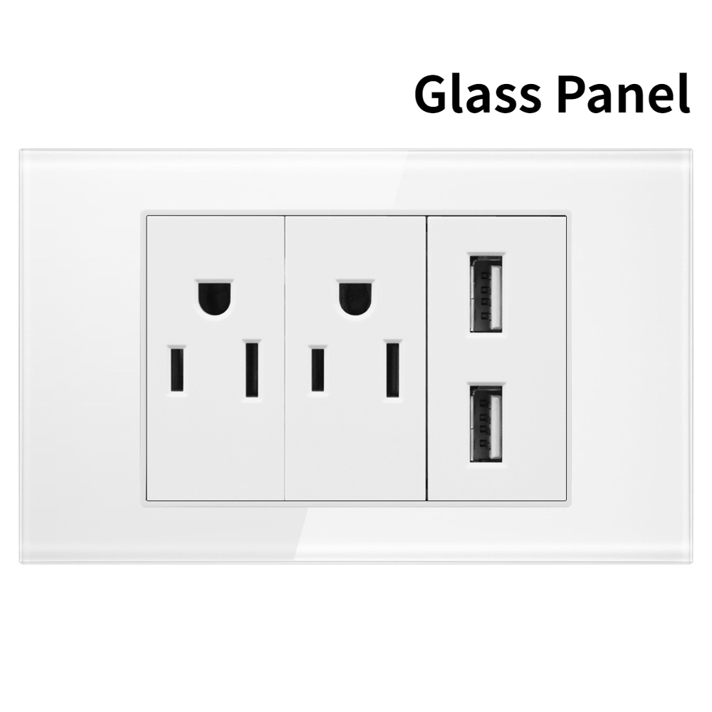 US Power Wall USB Socket Type C Light Switch Double Pole Plastic&Glass Panel Outlet Plate Home Office Electrical Plug Appliances