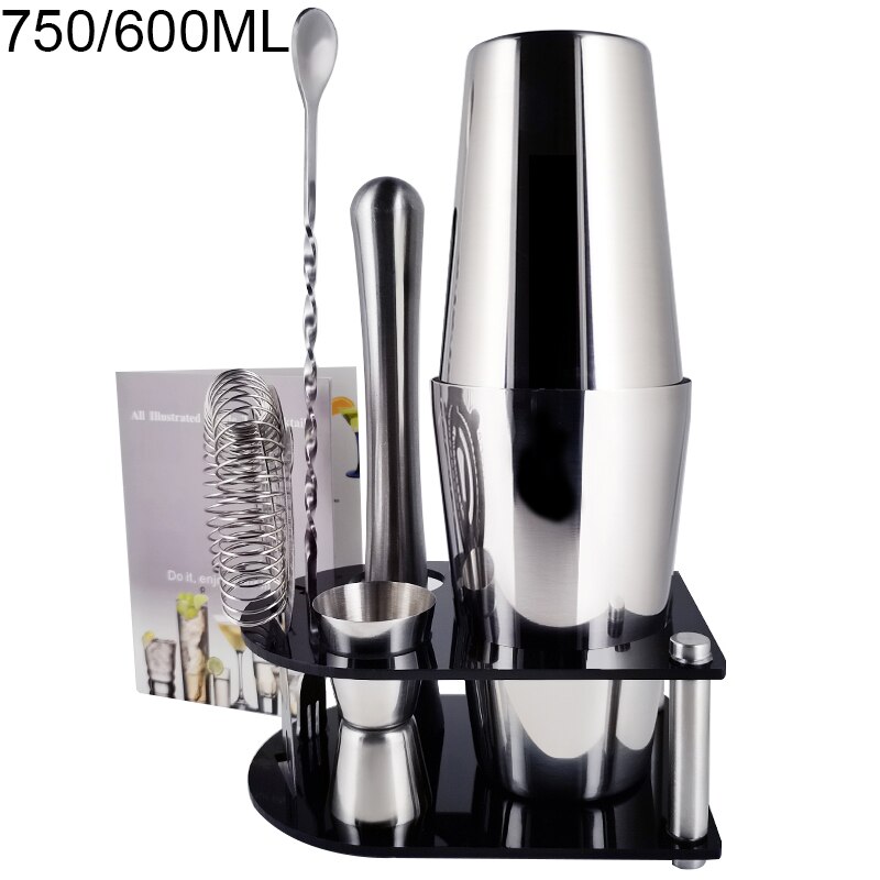Stainless Steel Cocktail Shaker Set 550/750ml With 15/30ml Measuring Cup Jigger Kit Wine Spoon Strainer Muddler Bar Tools: 7P 750600ML Stand