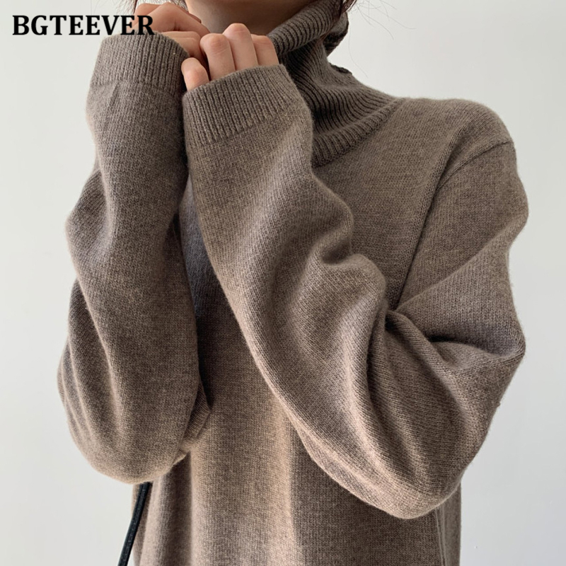 Bgteever afslappet tykkere varm kvinders strikket kjole med lange ærmer, løs turtleneck, kvindelige sweaterkjoler efterår vinter vestidos