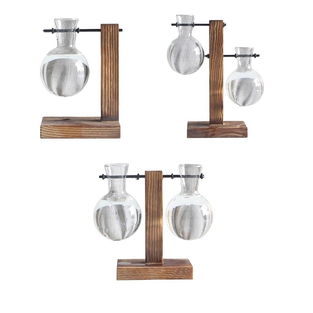 Decorative Desktop Glass Bulb Vase Holder w/ Wood Stand Plant Terrarium