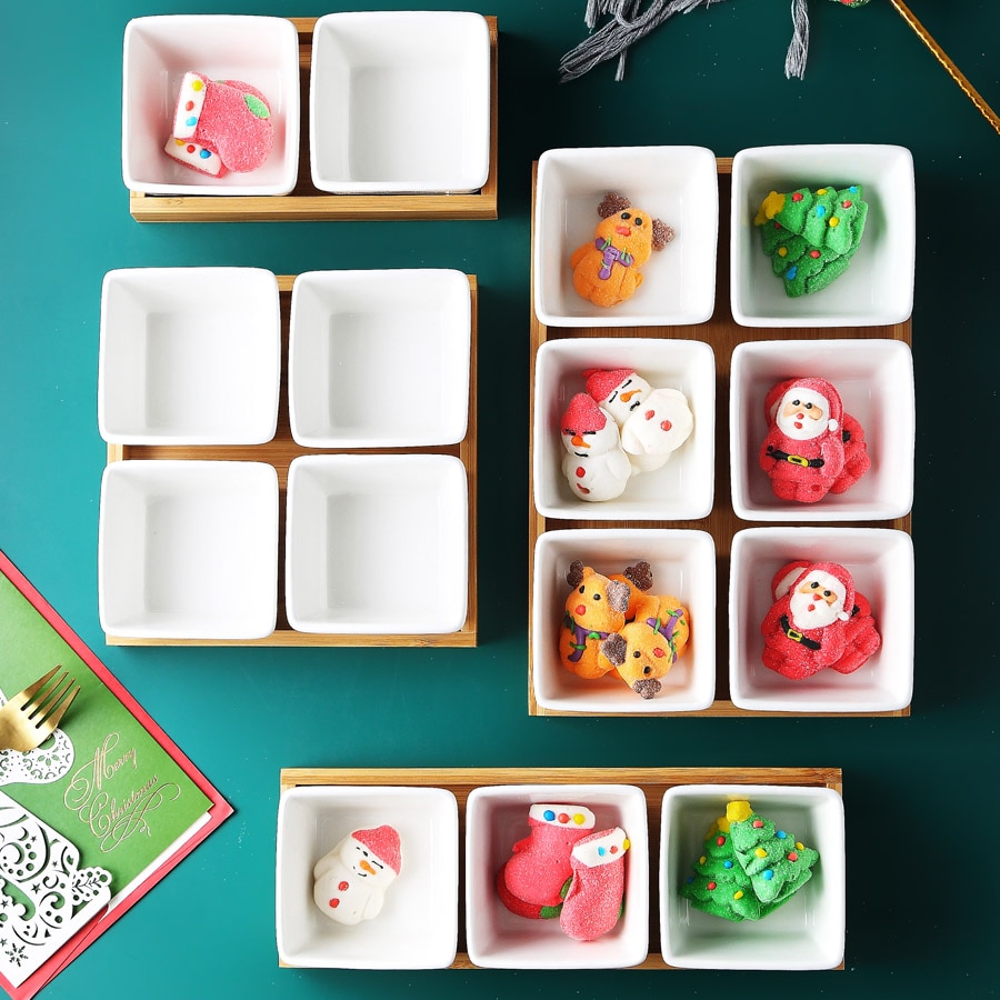 MUZITY-plato de cerámica para postres, Plato cuadrado para fruta con bandeja de bambú y madera, plato de porcelana para pastel o caramelo