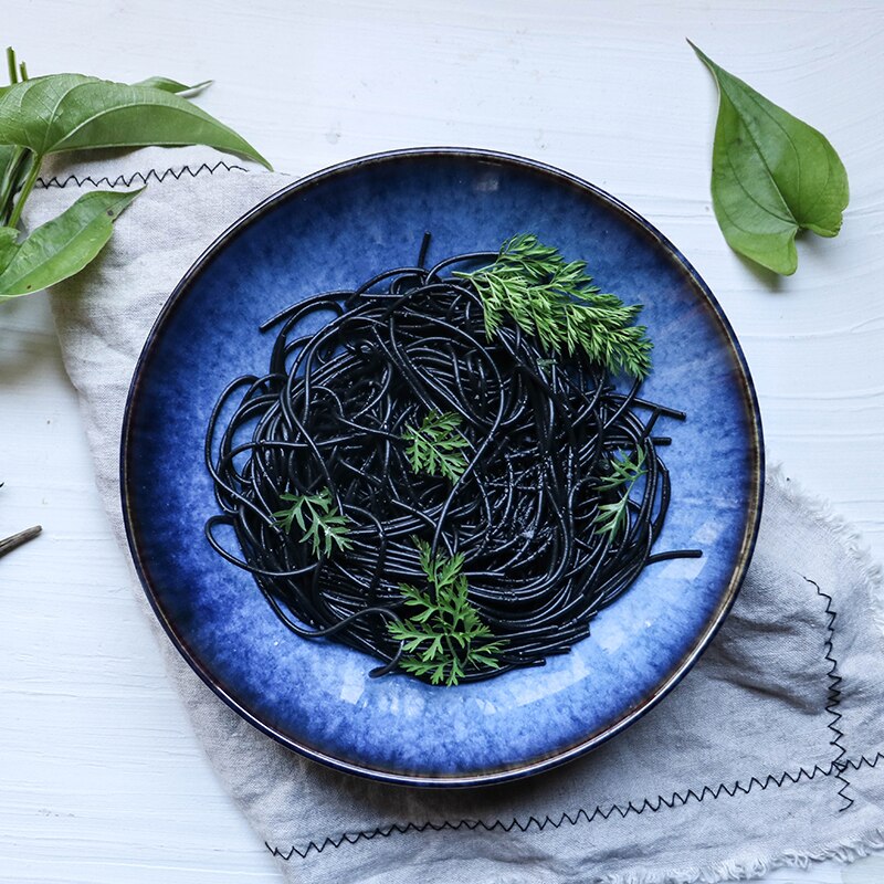 1000ml Deep blue ceramic dinner food plate 9inch cold noodle big deep plate