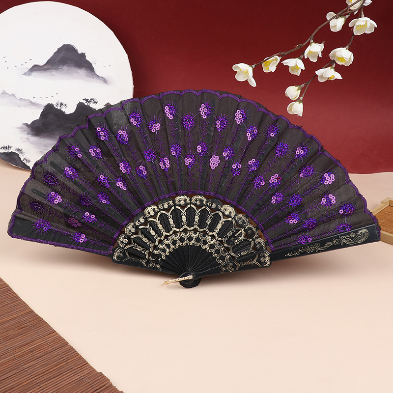 Silk Fan Folding Fan Wedding Art Peacock Sequin Dancing Fan Hand Held Fan