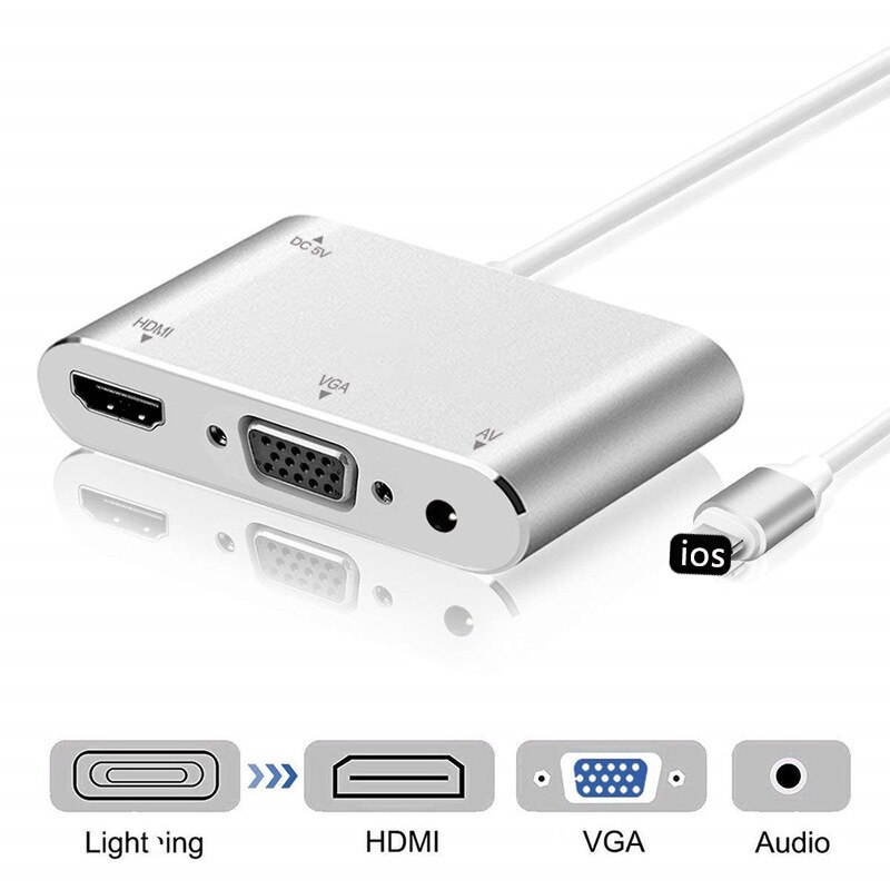 Hub multifonctionnel d'ipad/iPhone 4 en 1 vers HDMI VGA pour l'ipad pour apple pour le HUB d'usb de Station d'accueil d'iphone AV HDMI: Old Silver