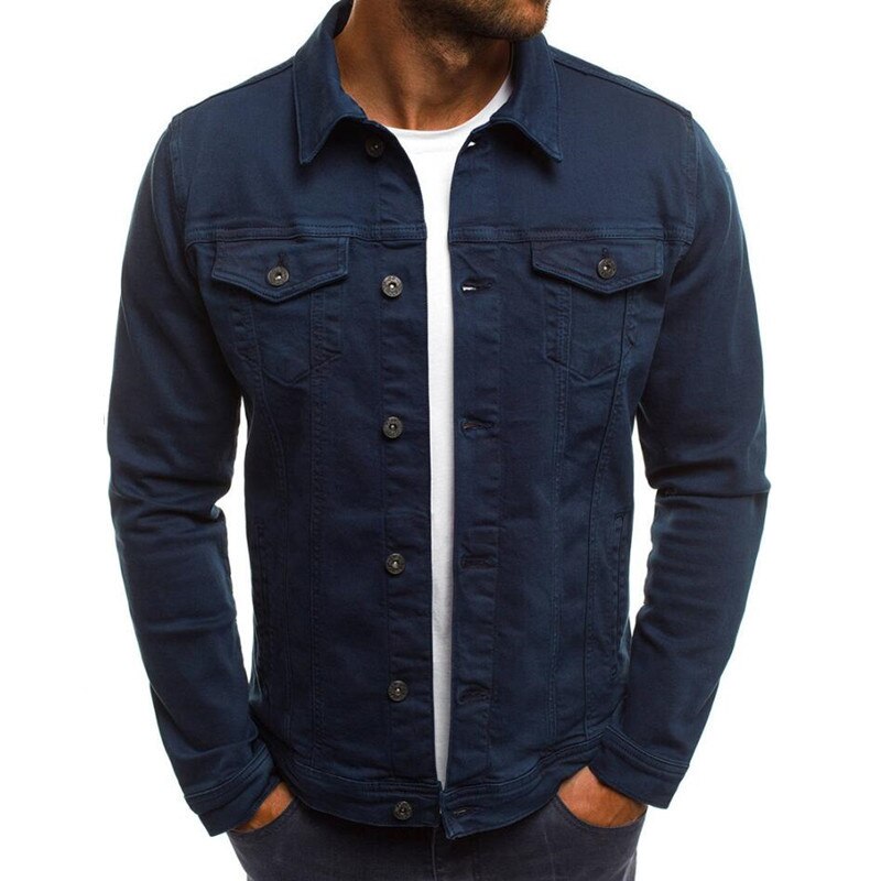 Chaquetas ajustadas de mezclilla para hombre, ropa de calle informal, con cuello vuelto, de un solo pecho, color sólido, otoño