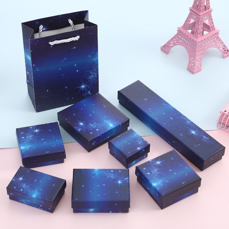10pcs Starry Sky Jewelry Box Dark Blue Jewelry Box Bag Spot Porous Ring Packaging Boxes Party Supplies