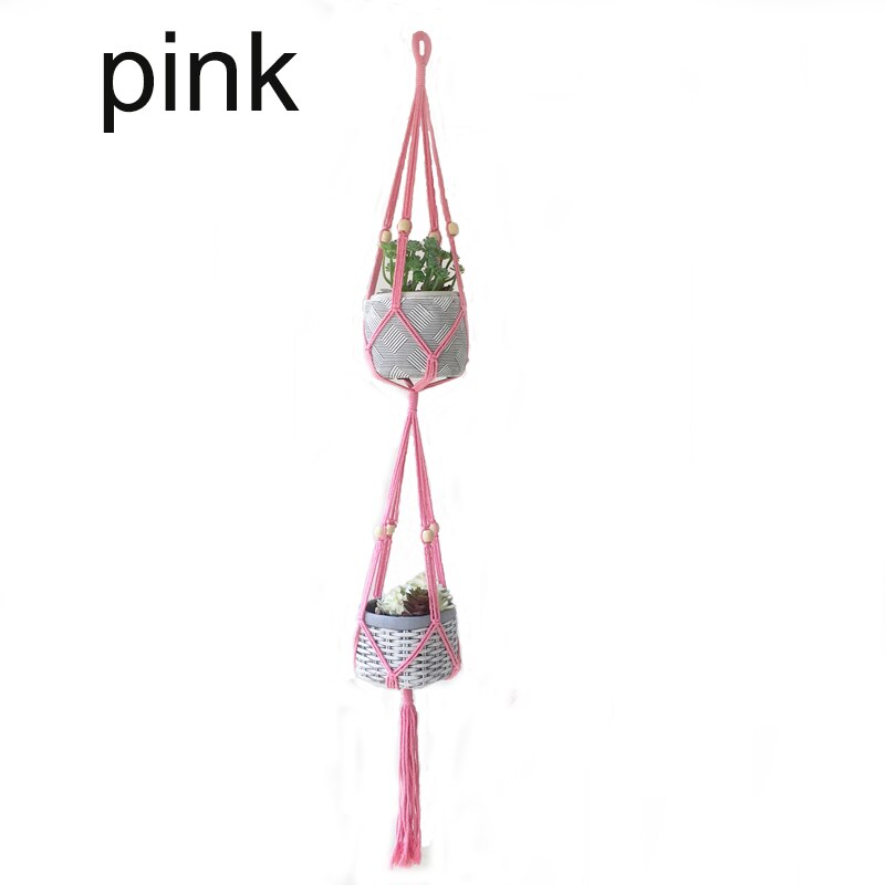 Färgglad dubbellagers växthängare krukhängare kruktråg växthållare makrame växthållare: Rosa