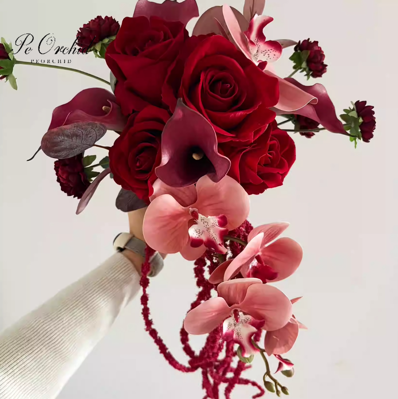 PEORCHID Kunstblumen-Hochzeitssträuße in verrotten mit Kaskadenstruktur für Brautjungfern, Ramo Novia, Orchideen und Rosen, künstlicher Blumenstrauß mit echter Haptik