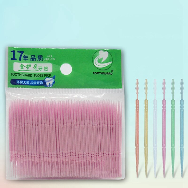 100 stk/parti blød plastik dobbelthovedet børstepind tandstikker tandstikker mundpleje 6.3cm