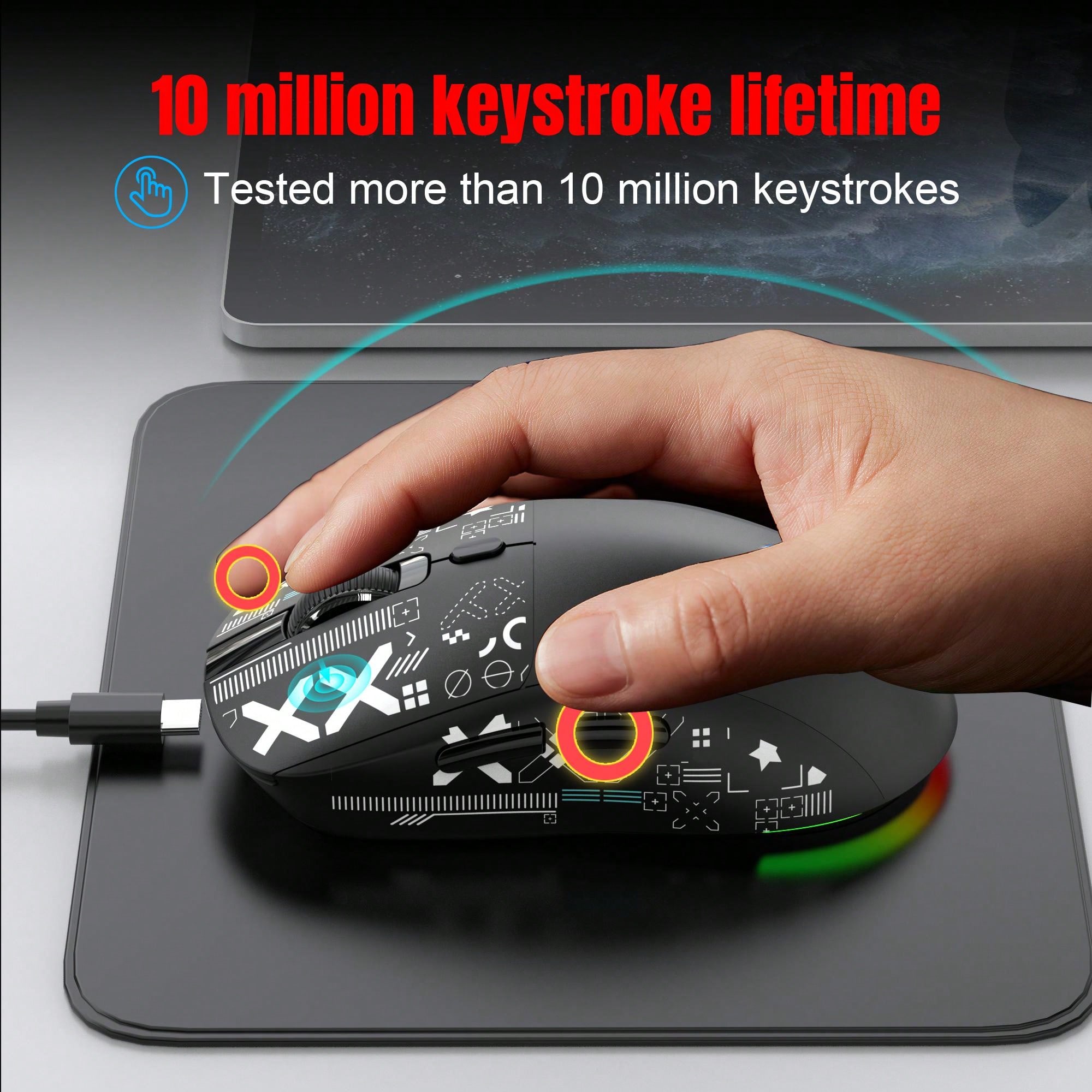HXSJ T90 RGB-Gaming-Maus mit Hintergrundbeleuchtung, kabelgebunden, 2,4 G, Bluetooth, kabellos, neues Modell, 650 mAh Akku, 500 Millionen Klicks bis zu 4000 DPI