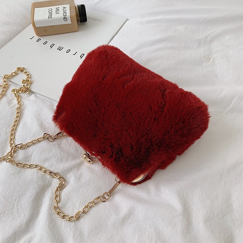 Winter schattige clip imitatiebont meisjes avondtassen dames crossbody tassen zachte pluche dames messenger bags dames handtassen: Bordeauxrood