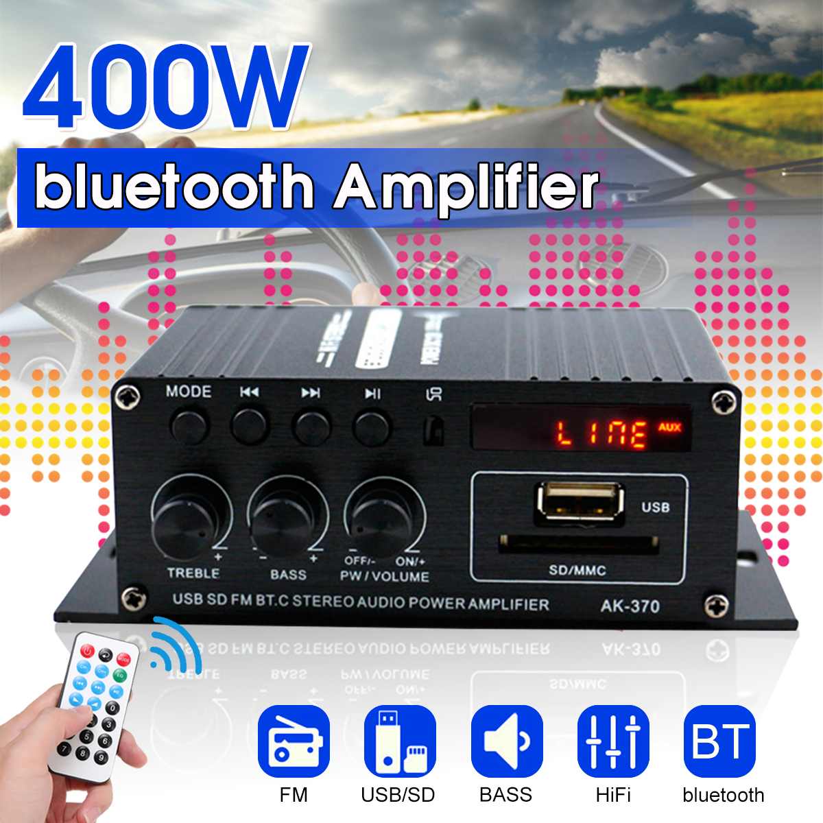 800w amplificador de potência de alta fidelidade áudio karaoke amplificador de teatro em casa 2 canais bluetooth classe d amplificador baixo player música fm rádio: AK370