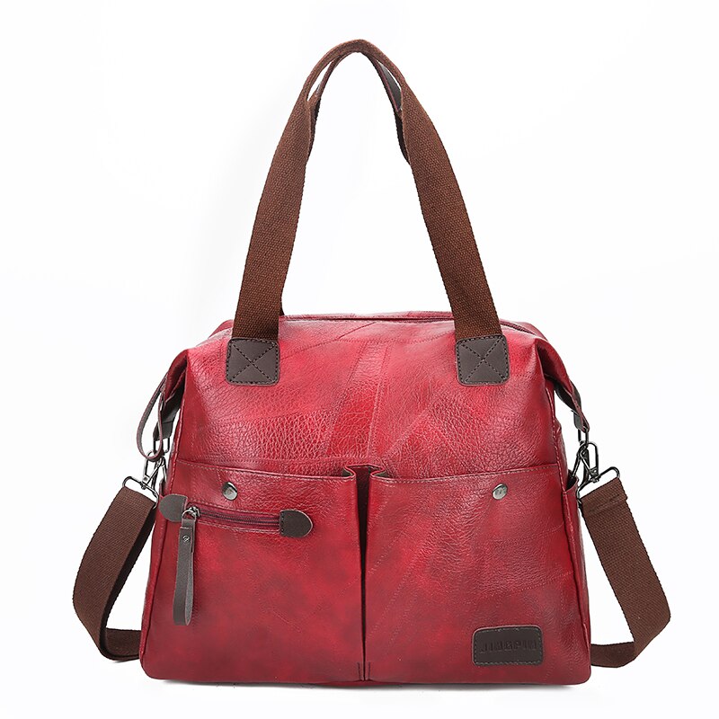 Multi-Pocket Casual Schoudertas Grote Capaciteit Vrouwen Tote Pu Lederen Dames Handtassen Messenger Bag Soft Shopping Crossbody Tas: Red wine