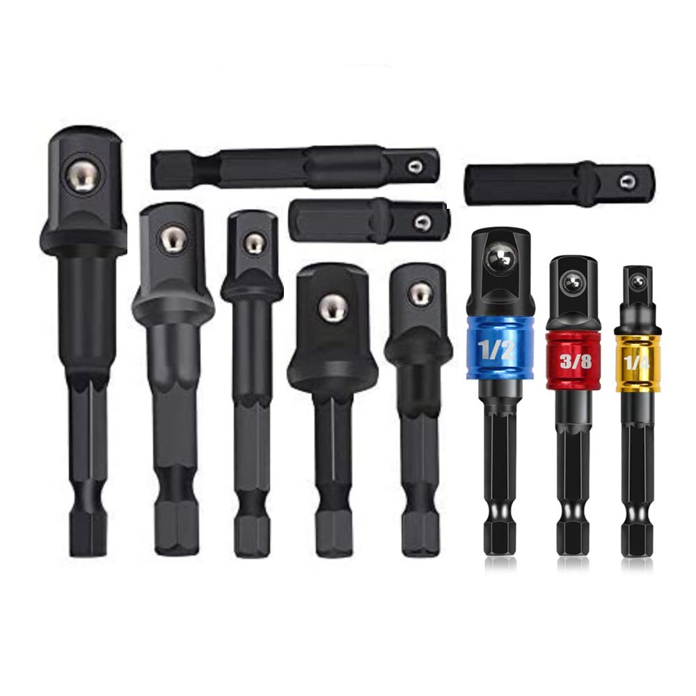 Binoax 11 Pcs Socket Adapter Impact Set Hex Shank Square Nut Driver Power Drill Bit Extension Socket Adapter Set for Cordless: black