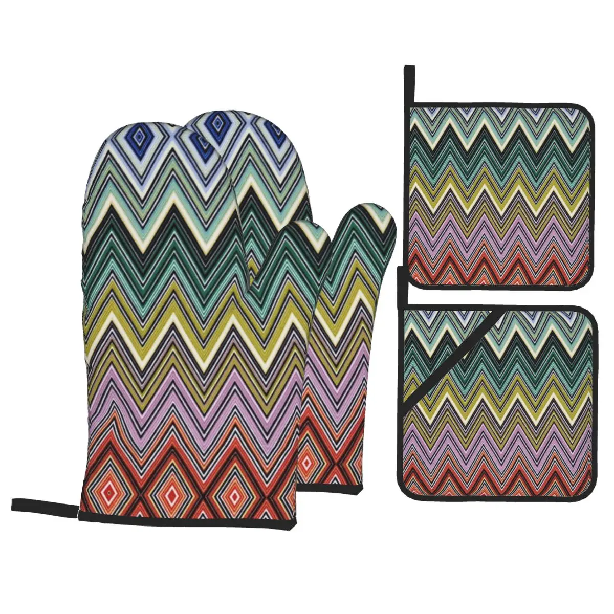 ZigZag Oven Mitts and Pot Holders 4pcs Set for Baking Cooking Non-Slip Heat Resistant Geometric BBQ Kitchen Gloves Potholders: GRAY