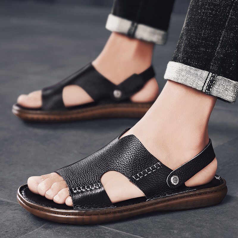 Sandalias de gladiador Retro para hombre, zapatos de cuero de para verano, sandalias de playa antideslizantes para hombre