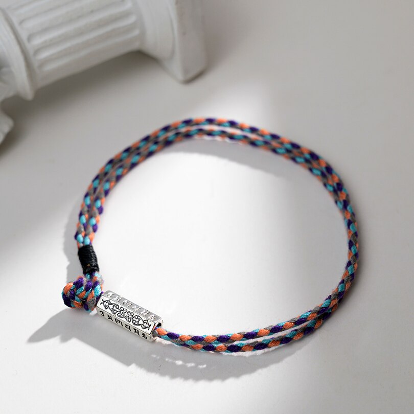 Handmade Tibetan Buddhist Braided Cotton Thread Lucky Knots Bracelets Silver Bead Carved Mantra Amulet Woven Bracelet For Men