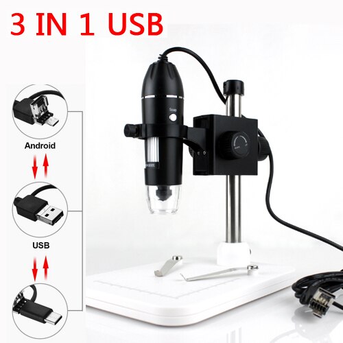 Microscopio Digital con USB, cámara endoscópica de aumento 1600X con adaptador OTG Compatible con Mac Windows 7/8/10 Android Linux: 1000X / 3 IN 1 Lift Stand