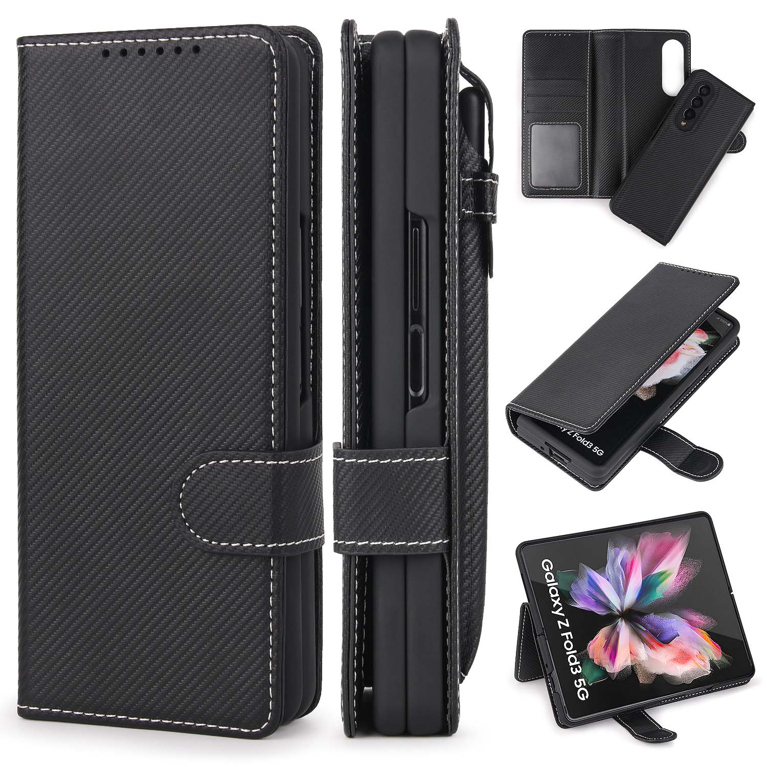 Afneembare Case Voor Samsung Galaxy Z Vouw 3 Pu Leer Magnetische Kickstand Shockproof Cover Met S Pen Stylus Houder: Twill Black