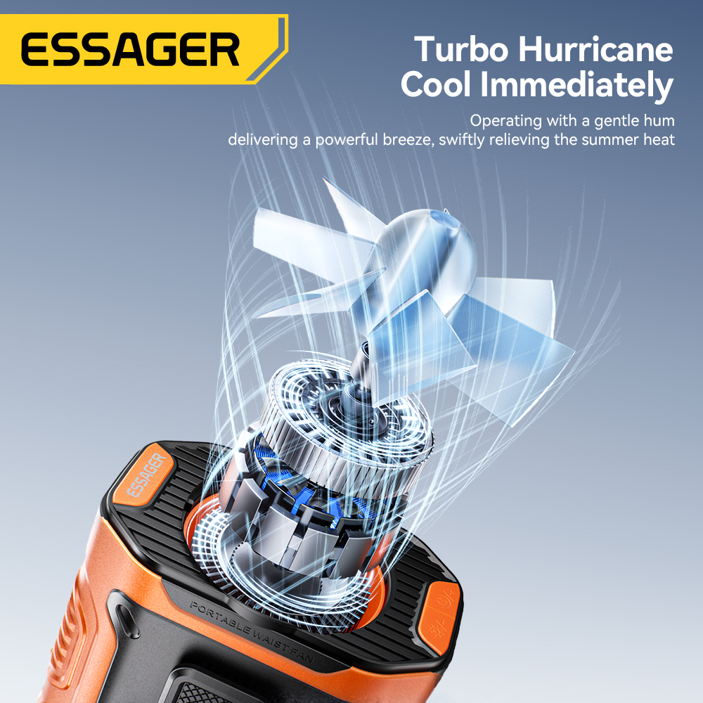 Essager-ventilador de cintura de alta velocidad, ventilador portátil para exteriores, cuello colgante, viento fuerte con iluminación LED PowerBank para trabajo al aire libre