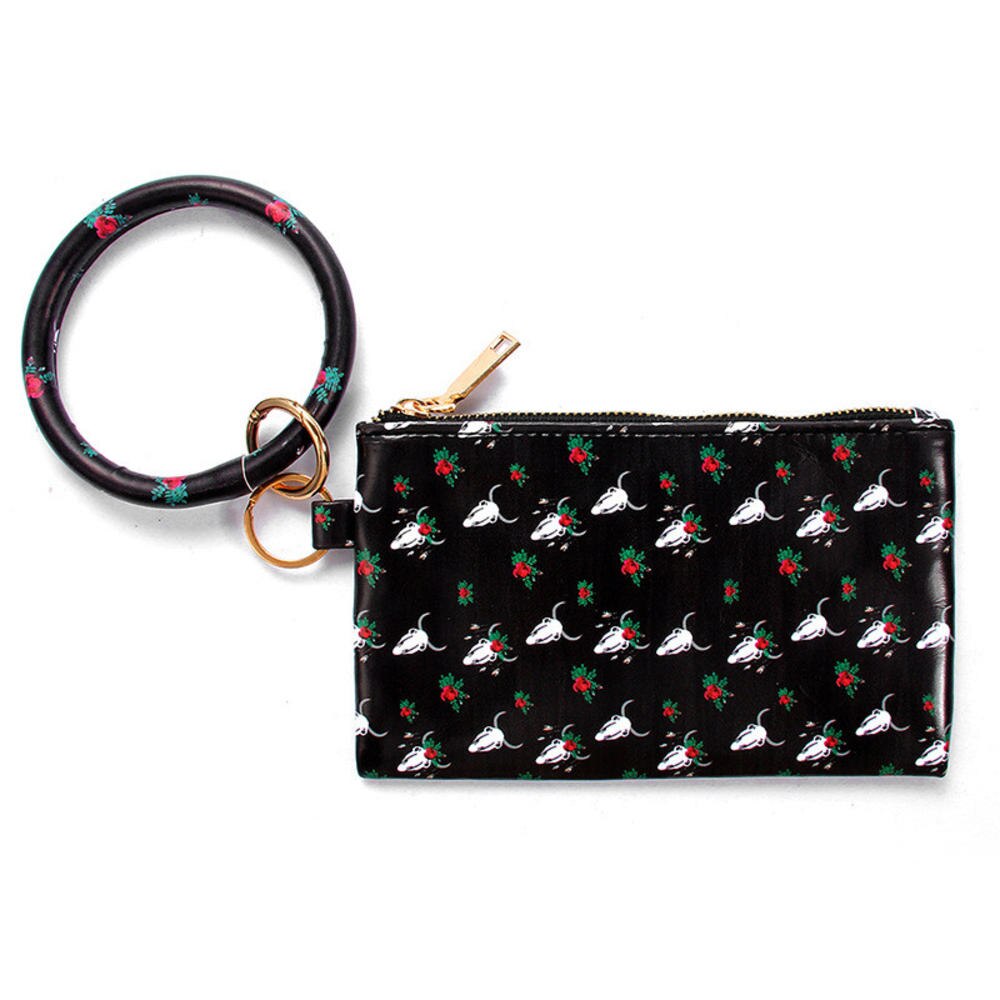 Multi-purpose PU Leather Flower Leopard Printed Phone Wallet O Key Rings Women Wristlet Bracelets Key Chain Key Case 11cm: G