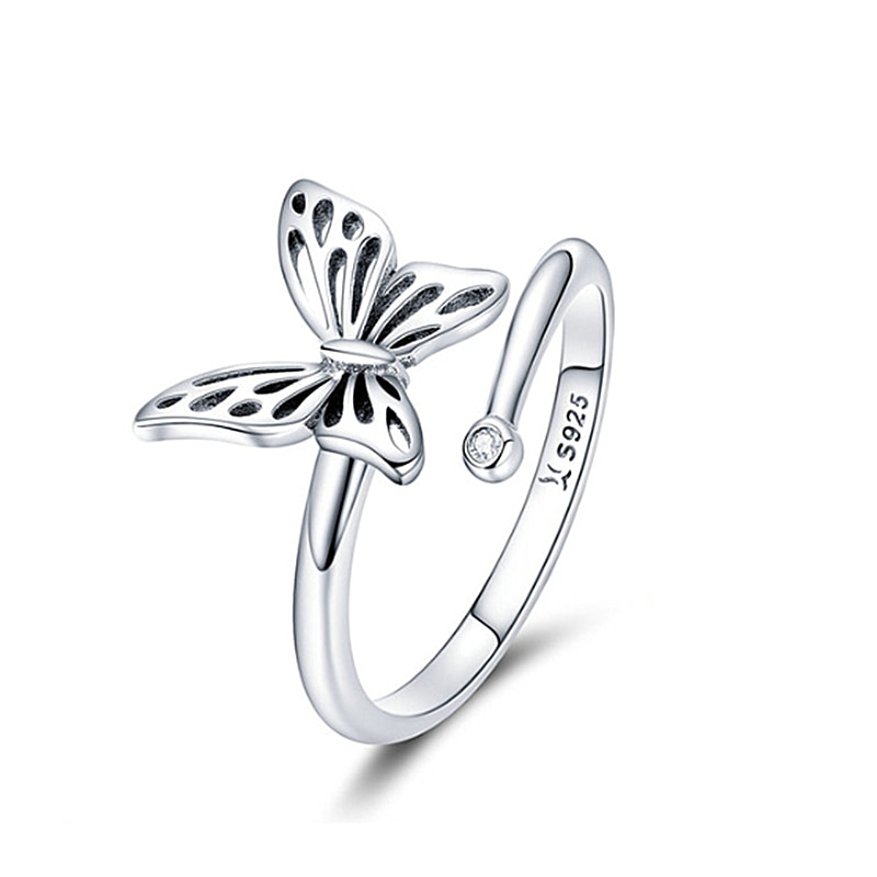 Authentic 925 Sterling Silver Vintage Butterfly Adjustable Finger Rings for Women Wedding Engagement Ring Jewelry SCR448