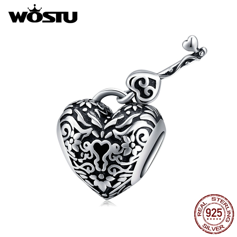 WOSTU 925 Sterling Silver Heart Lock Key Beads Vintage Charms Fit Original Bracelet Pendant For Women Necklace Jewelry CQC1447