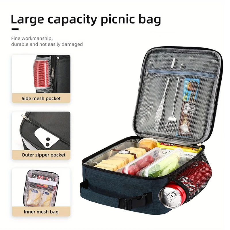 Portable Large Capacity Insulated Lunch Box, Reusable Lunch Bag for Men Women, Waterproof Oxford Cloth Insulated Cooler Bag