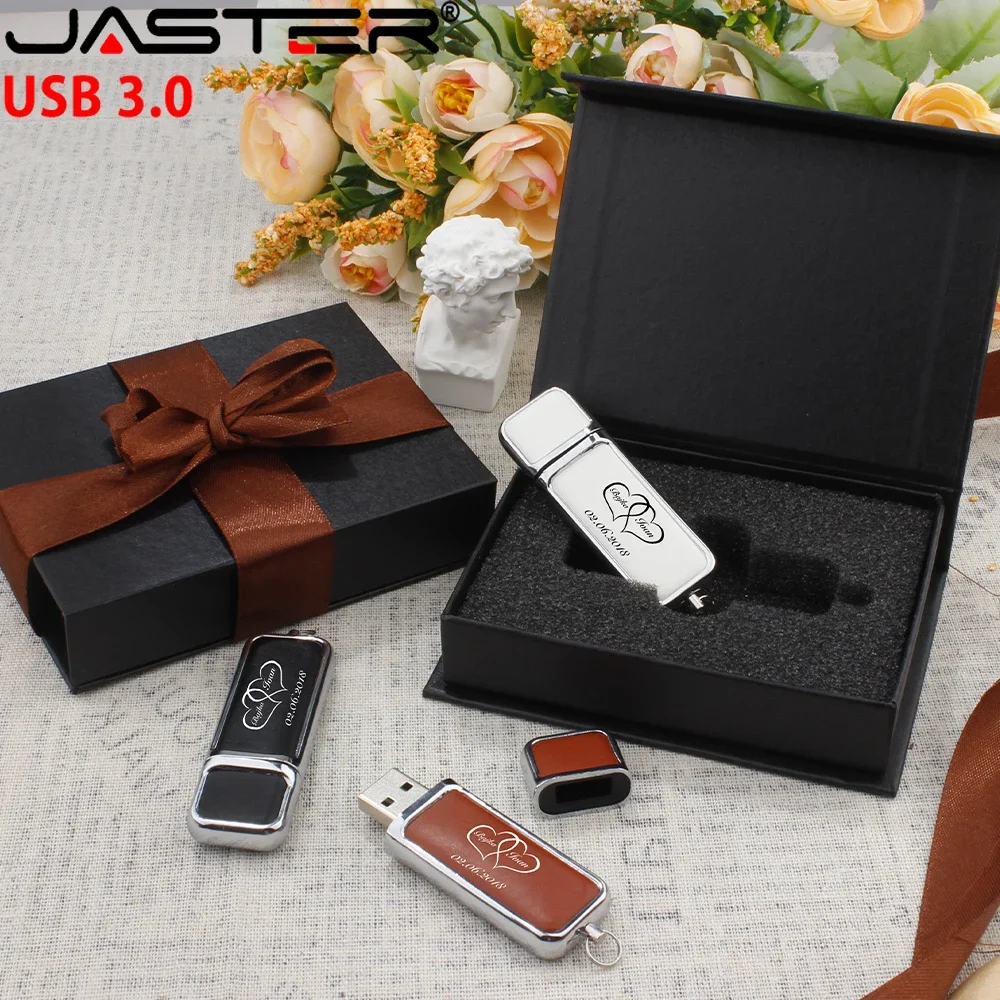 High Speed Leather USB 3.0 Flash Drive 128GB Free Custom Printed Logo Pen Drive Memory Flash Stick Birthday Box