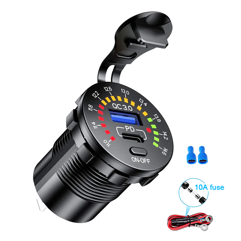 QC3.0 36W 6A Dual USB Charger Socket With Voltmeter Switch USB Outlet Fast Charger for 12V Car Boat Motorcycle Truck Golf: PD and 3.0 with Wire