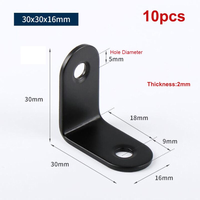 Attelle d'angle noire en acier inoxydable, support d'étagère à Angle droit pour étagères de Table avec vis 10 pièces: 30x30x16
