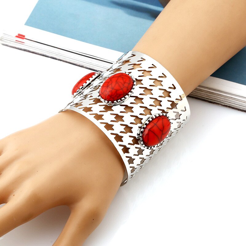 Lzhlq 2020 nova mulher de metal banhado a largura bangle maxi abertura redonda azul pedra jóias pulseira na moda geométrica oco manguito bangle