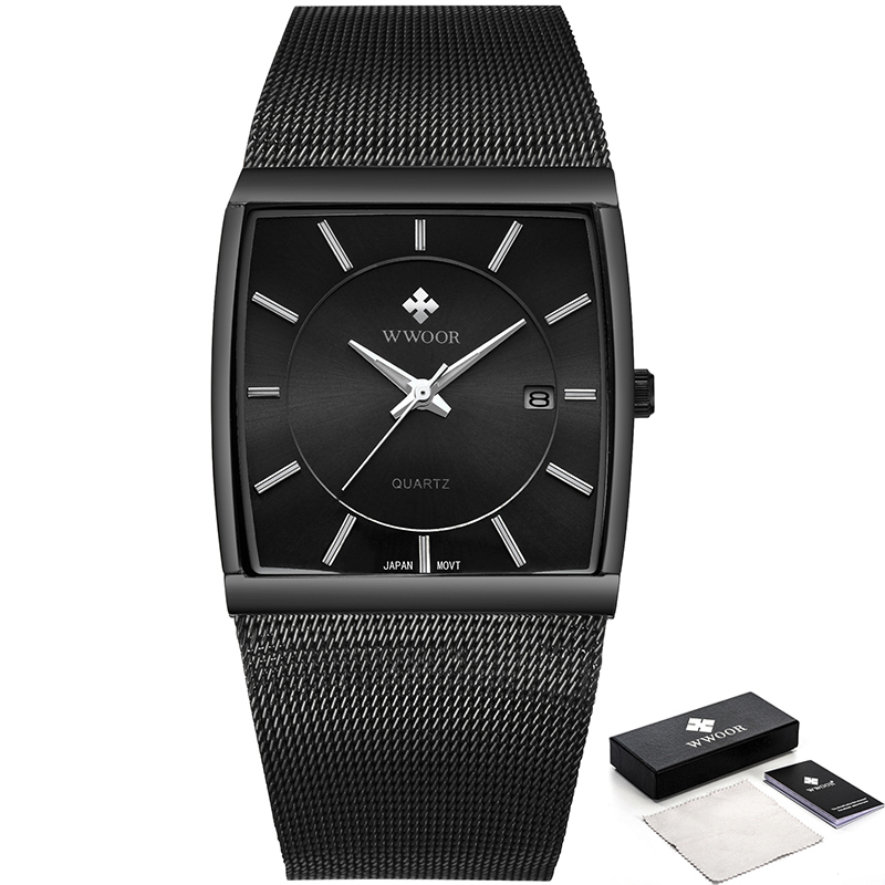 Wwoor top mærke luksus sorte firkantede ure til mænd vandtæt slank dato armbåndsur mandlig stål mesh bælte kvarts analog ur mænd: 31- sorte
