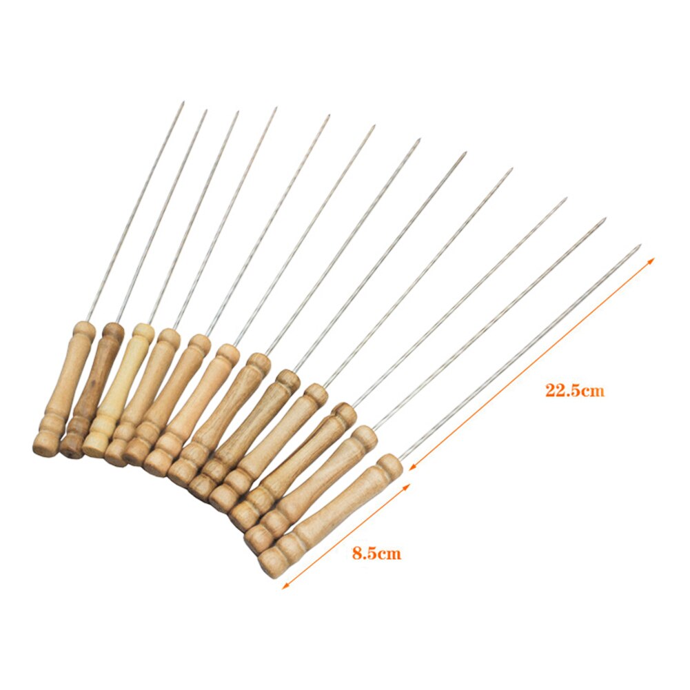 10pcs Flat Barbecue Stick BBQ Camping Roasting Needle With Wooden Handle Brochette Tong Kebabe Skewers Wooden Roasting Tools