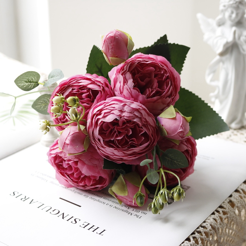 Buquê de flores artificiais de rosas para decoração de casa, festa de casamento, suprimentos de flores falsas, artesanato diy, acessórios de vaso de flores: vinho