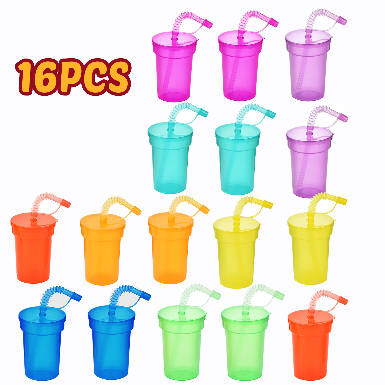 Tazas Sipper de neón: tazas coloridas y a prueba de derrames con tapas y pajitas, ideales para eventos escolares, fiestas temáticas y fiestas de cumpleaños: Multicolor