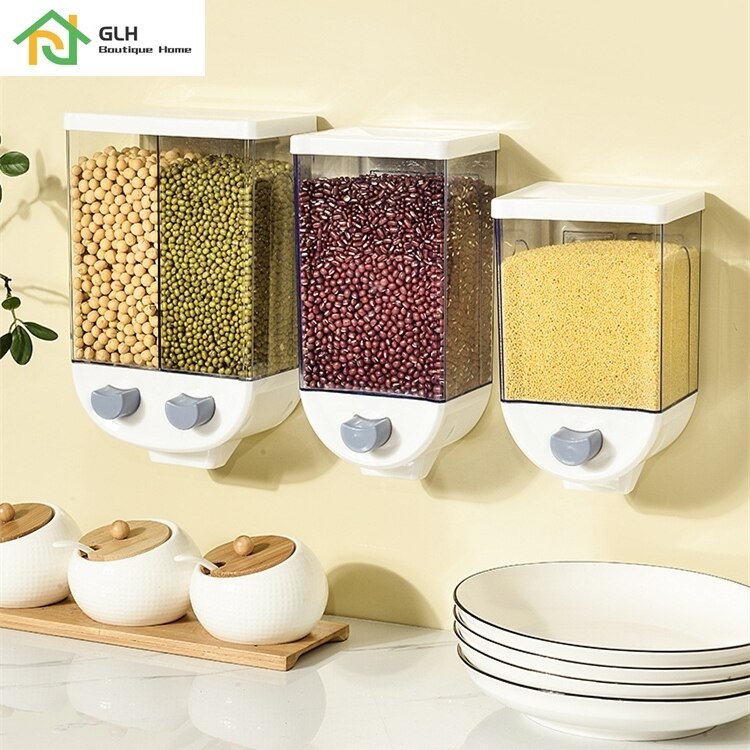 2L Kitchen Whole Grains Cereal Dispenser Divided Sealed Storage Tank 2 Grids Wall-Mounted Food Storage Containers