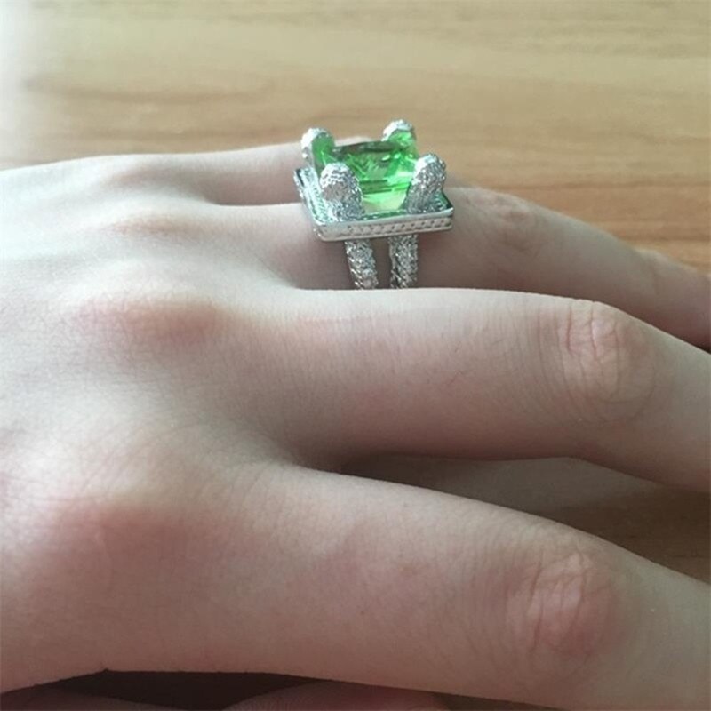 Fdlk luxo grande anel de cristal verde aaa cor prata zircão enchido jóias nupcial casamento noivado anel tamanho 5-12