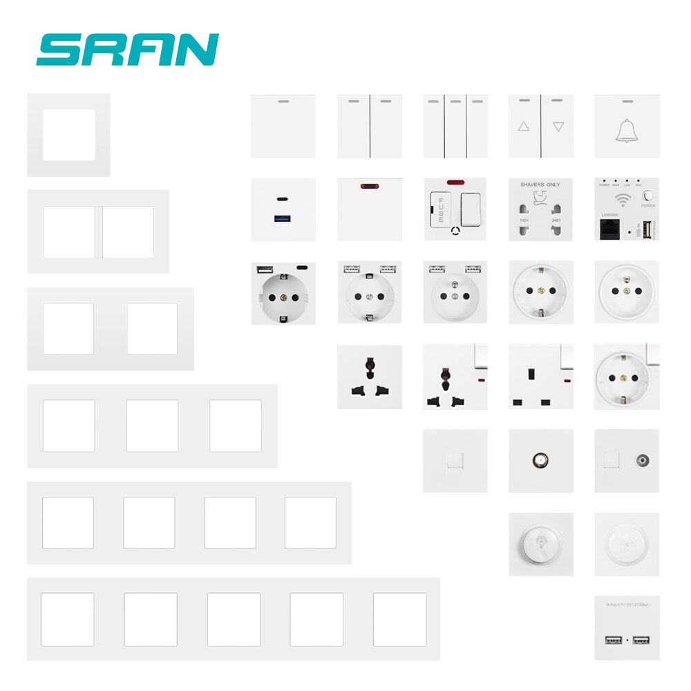 SRAN Blank panel with Installing iron plate 344mm*86mm white/black/gold PC four frame panel switch socket