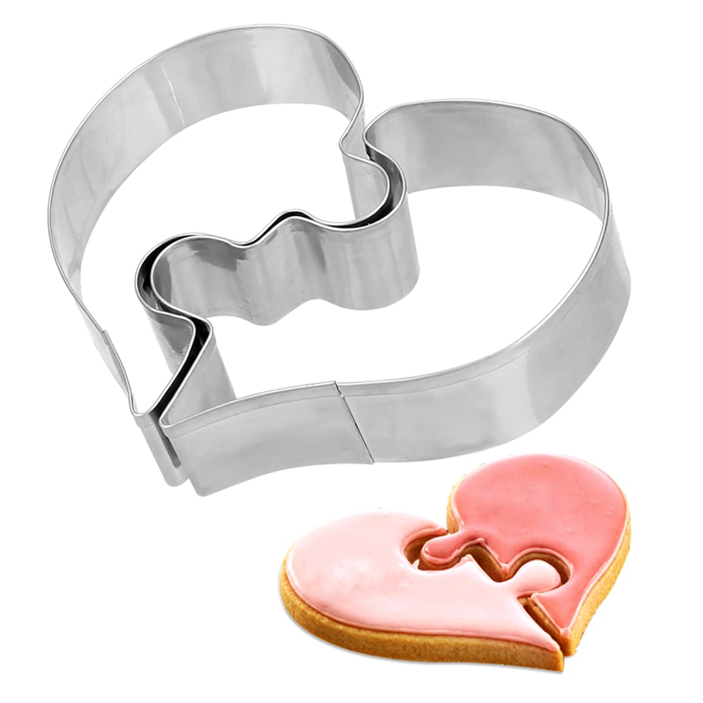 2 stks/set Liefde Puzzel Cookie Cutter 3D Rvs Wedding Fondant Cake Decorating Gereedschap DIY Gebak Biscuit Bakken Mallen