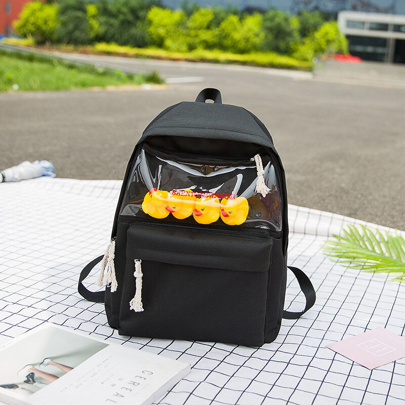 Ryggsäck kvinnor kvinnliga casual transparent med tecknade ankor canvas ryggsäckar studenter skola axelväskor: 2 svarta