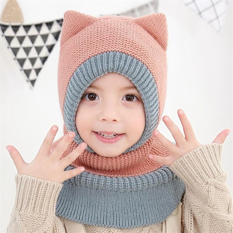 Knit Hooded Scarf Kids Hat And Scarf Child With Mask Winter Warm Protection Ear Cap Circulal Scarves Girls Boy Accessories: Gray