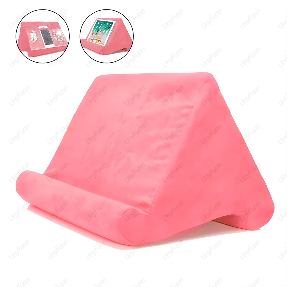 Zachte tabletkussenshouder met kabelzak Pad Tabletbeugel Dock voor schootbed en bureau voor iPad Telefoon Kindle Leesstandaard: Roze
